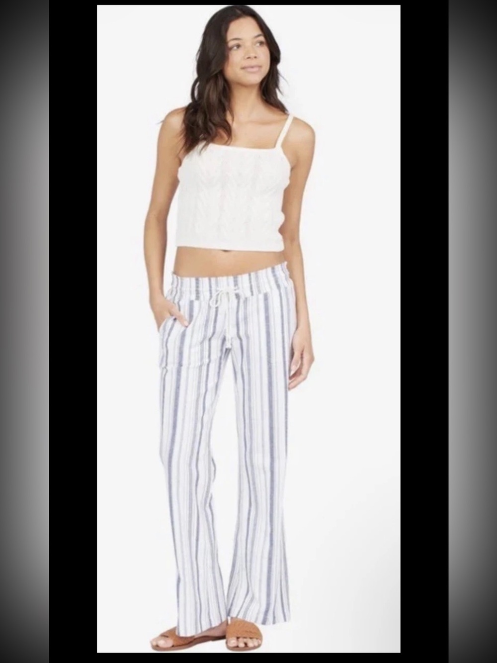 Roxy Oceanside Linen Pants Stripe Blue White Pockets Drawstring Low Waist Large